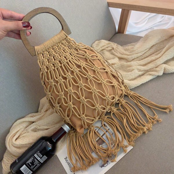 Women's woven wooden Macrame cotton bag