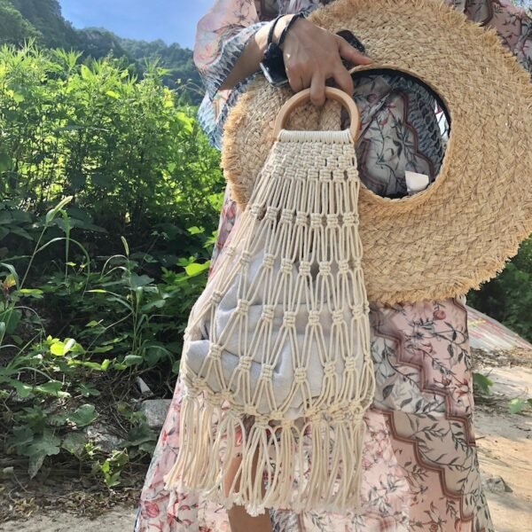 Women's woven wooden Macrame cotton bag