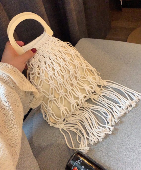 wooden Macrame cotton bag